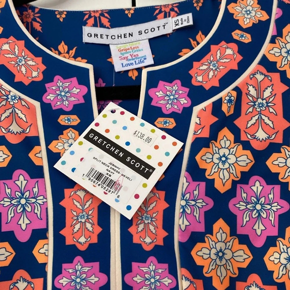Gretchen‎ Scott Split Neck Dress Haveli New Size XS Navy Orange Pink Printed - Picture 7 of 10